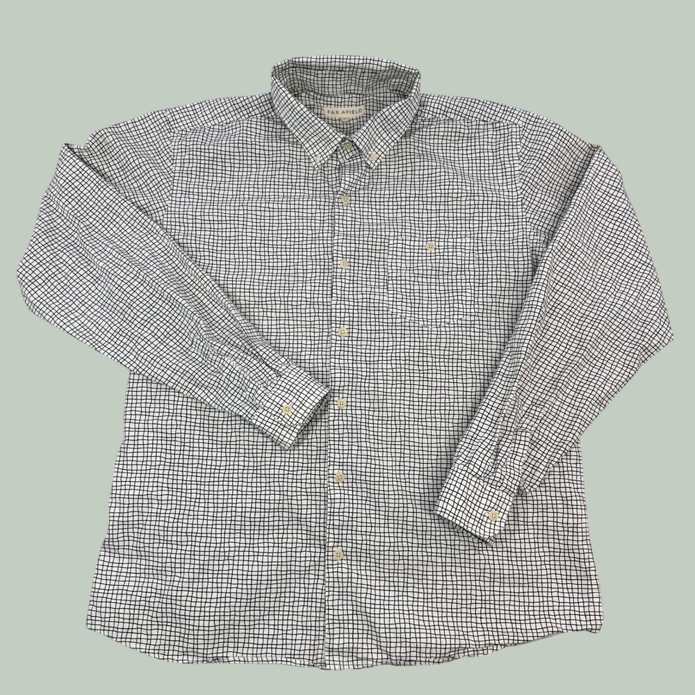 Far Afield Mens Grid Print Button Down Shirt White Black Size 3 Large Cotton